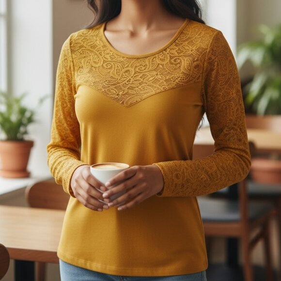 U2B Golden Mustard Fall Top Lace size Medium - Picture 1 of 7